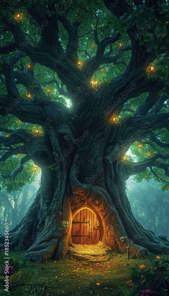 Fototapeta premium 8k 3d wallpaper for mobile giant ancient tree with glowing leaves and hidden fairy doors