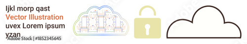 Cloud computing, cybersecurity, data protection, secure storage, network security, encryption. Cloud outlines, lock icon and data connections. Cloud computing and cybersecurity concept