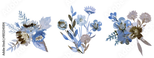 Rustic Blue Watercolor Floral Bouquet Set, Elegant Botanical Arrangements