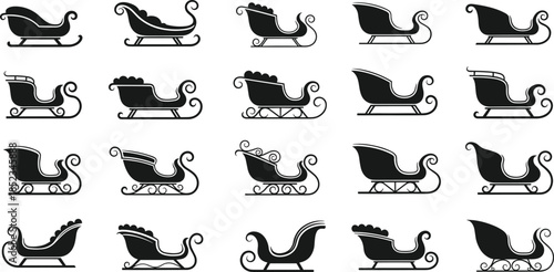 Santa sleigh silhouettes collection vector illustration showing multiple Christmas sled designs, vintage holiday transportation icons set, black shapes isolated on white background