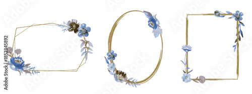 Gold Floral Frame Set with Blue Watercolor Flowers, Rustic Botanical Collection