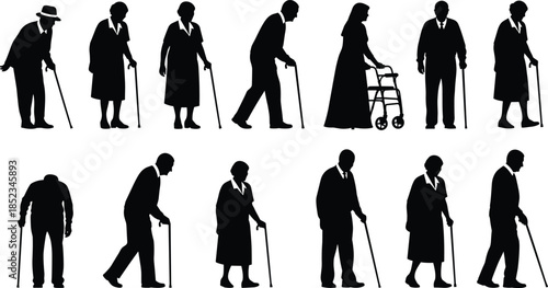 Senior elderly people silhouettes vector illustration, men and women walking with canes and walkers, aging population, mobility support, healthcare and retirement concept