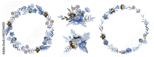 Blue Watercolor Floral Wreath Set, Rustic Botanical Circle Frames Collection