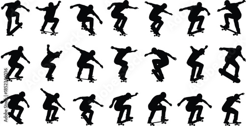 Skateboarding trick silhouettes collection, skateboarder performing jump and flip sequences, black vector illustration for extreme sports, street culture, motion, urban action design