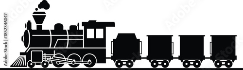 Steam locomotive freight train silhouette vector illustration, vintage railway engine with cargo wagons, classic transportation design, industrial rail transport concept