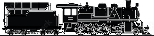 Steam locomotive train silhouette, vintage railway engine with tender, black vector illustration for transportation history, industrial design, retro travel, engineering concept