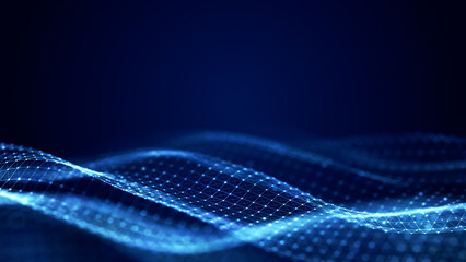 Blue glowing mesh wave with dots and lines on a dark background, representing futuristic digital technology and data flow. 3D Rendering
