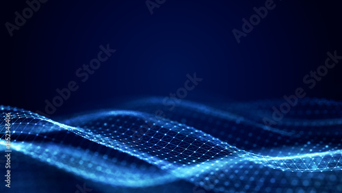 Blue glowing mesh wave with dots and lines on a dark background, representing futuristic digital technology and data flow. 3D Rendering