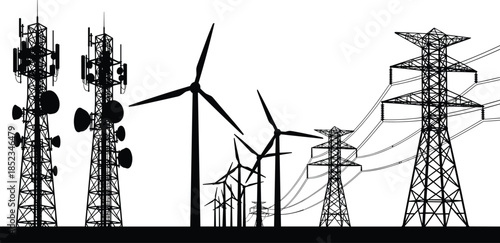 Telecommunication towers, wind turbines and electric power transmission lines combined, modern energy and communication infrastructure silhouette, black 