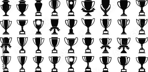 Trophy cup silhouettes collection, award and championship icons, black vector illustration set for sports competition, achievement, victory, success, branding, design elements