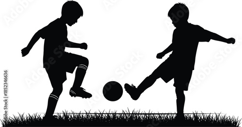 Two kids playing soccer silhouettes, children kicking football outdoors, black vector illustration for sports, childhood activity, teamwork, training, recreation concept