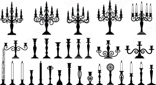 Vintage candle holder silhouettes set, ornate candelabra and candlestick collection, classic decor lighting elements, black flat vector illustration, isolated design icons