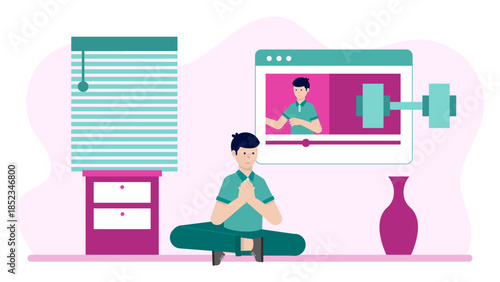Remote Yoga Instructor Leading an Online Class. Flat Vector Illustration