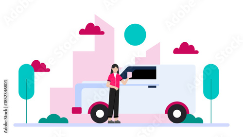 Sustainable Logistics Company Using Electric Fleets. Flat Vector Illustration
