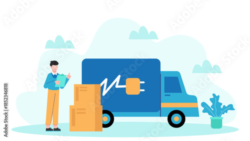 Sustainable Logistics Company Using Electric Fleets. Flat Vector Illustration