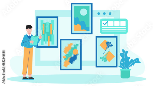 Digital Museum Curating a Virtual Exhibition. Flat Vector Illustration