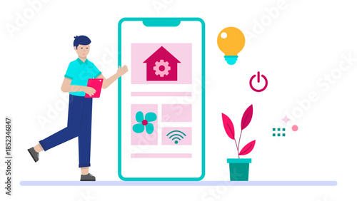 Smart Home Security System Installation. Flat Vector Illustration