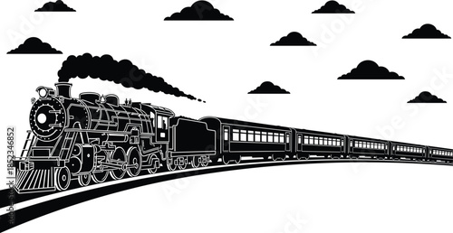 Vintage steam locomotive pulling passenger train on curved railway track, classic transportation silhouette, black and white vector illustration for travel, history, railway design