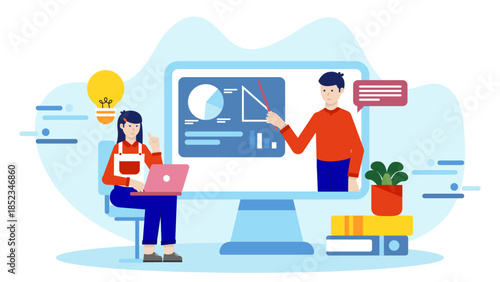 Online Tutoring Session for Student. Flat Vector Illustration