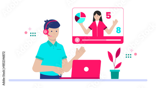 Online Tutoring Session for Student. Flat Vector Illustration