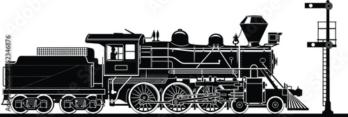 Vintage steam locomotive silhouette vector illustration, classic railway engine with signal post, historical transportation concept, industrial train design, retro rail technology artwork