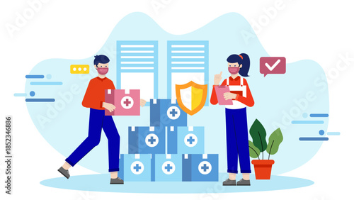 Pharmaceutical Distribution Center Managing Vaccine Shipments. Flat Vector Illustration