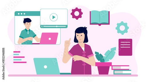Online Tutoring Session for Student. Flat Vector Illustration
