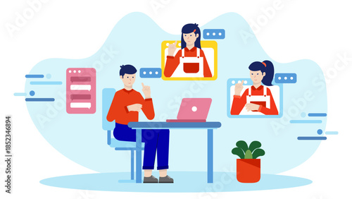 Virtual Career Fair with Multiple Employers. Flat Vector Illustration