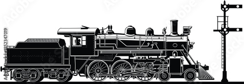 Vintage steam locomotive with railway signal silhouette, classic railroad engine side view, detailed black and white vector illustration for transportation history, retro train design
