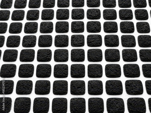 A repeating pattern of black textured squares on a white background creating a simple geometric design. Pattern of black square tiles