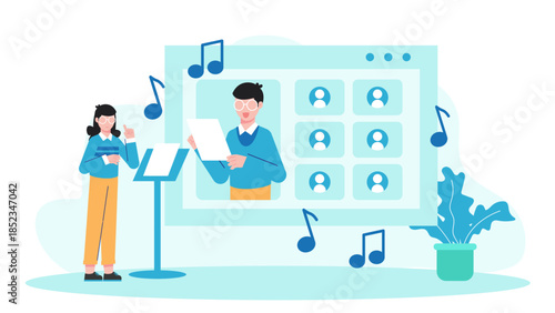 Virtual Choir Rehearsing Online. Flat Vector Illustration
