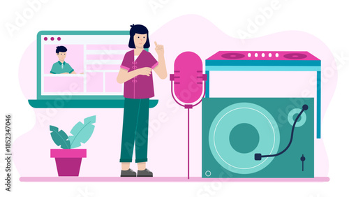 Virtual Choir Rehearsing Online. Flat Vector Illustration