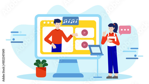 Virtual Choir Rehearsing Online. Flat Vector Illustration