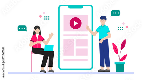 Digital Publishing Team Creating Interactive eBooks. Flat Vector Illustration