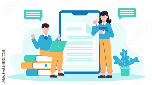 Digital Publishing Team Creating Interactive eBooks. Flat Vector Illustration