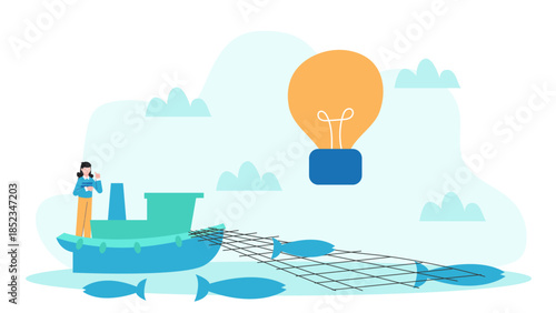 Sustainable Fishing Company Using Smart Nets. Flat Vector Illustration