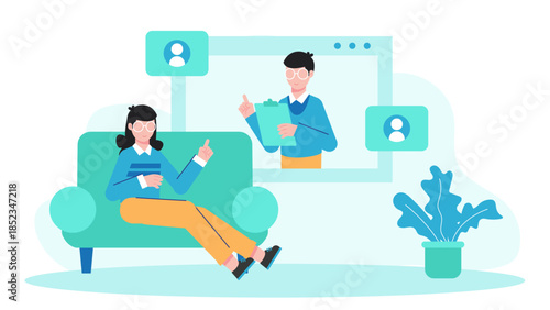 Online Therapy Group Session. Flat Vector Illustration