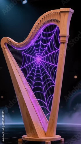 harp strings transform into a shimmering spiderweb pattern