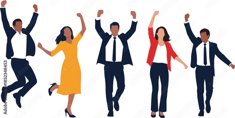 Fototapeta premium Business team celebration, corporate success, professional attire, teamwork, office joy, jumping people, motivation, achievement, suits, dress, blazer, excitement