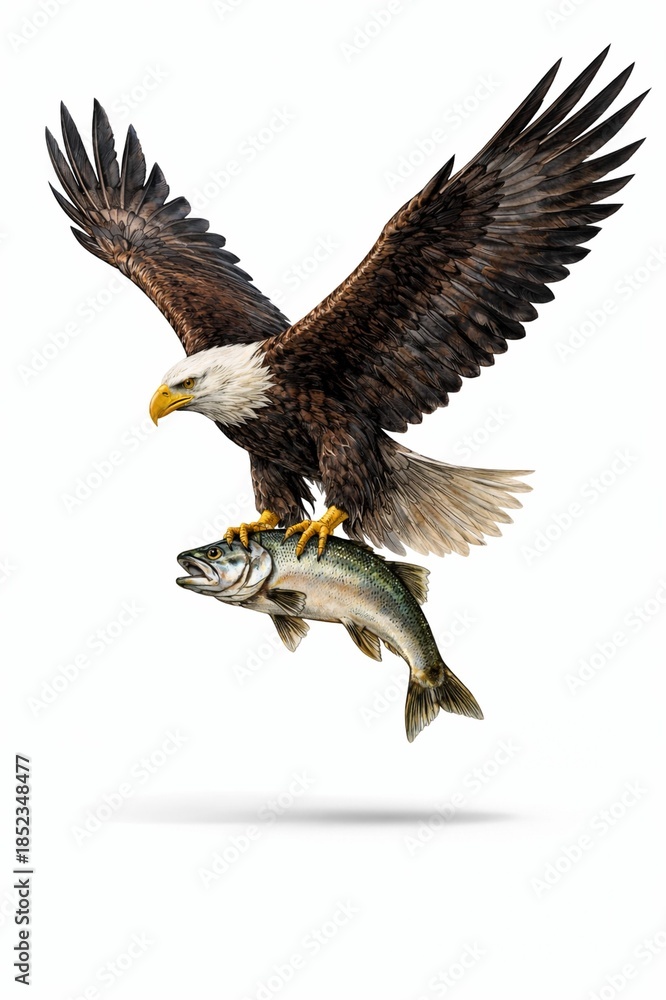 Fototapeta premium Bald eagle carrying fish isolated on white background