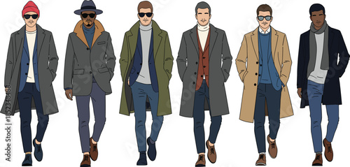 Stylish winter menswear, overcoat fashion, layered outfits, turtlenecks, sweaters, scarves, sunglasses, semi-formal style, accessories, illustration, seasonal wardrobe inspiration
