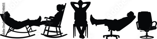 People relaxing in chairs silhouettes, sitting and reclining poses collection, black vector illustration for rest, leisure, comfort, lifestyle, furniture, interior design concepts