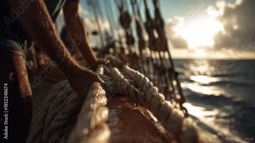 Ocean Sailing: A skilled sailor expertly handles ropes, guiding a magnificent vessel through the open ocean as the sun casts a warm, inviting glow upon the tranquil waters.
