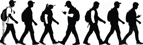 People walking silhouettes with backpacks, men and women in casual walking poses, black vector illustration for urban lifestyle, travel, commuting, daily activity concepts