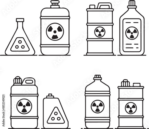 Radioactive chemical container and hazardous material line icon set with toxic barrels, bottles and warning symbols
