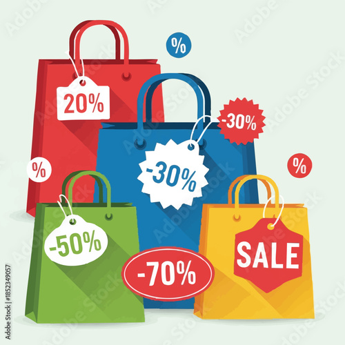 Sale shopping bags with discount percentages.
