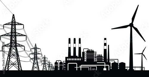 Power generation and transmission landscape with wind turbines, industrial factory, and high voltage towers, black silhouette vector illustration of modern energy infrastructure