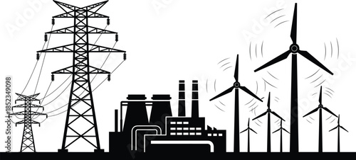 Power transmission towers and wind turbines industrial skyline, renewable energy and traditional electricity infrastructure concept, black silhouette vector illustration for energy industry design