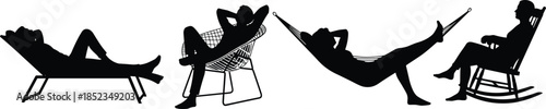 WebRelaxing people silhouettes set, men and women resting on chairs hammocks loungers, leisure lifestyle comfort concept, black flat vector illustration, isolated on white