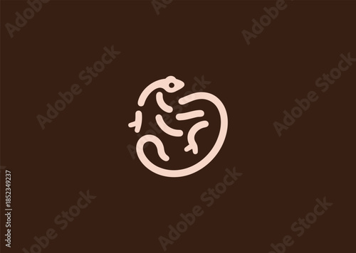A geometric simple line salamander logo using flowing curved lines and balanced proportions, symbolizing regeneration, flexibility, and natural harmony
